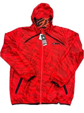 Adidas Hooded Lightweight Full Zip Red Black Abstract Windbreaker Jacket XL New